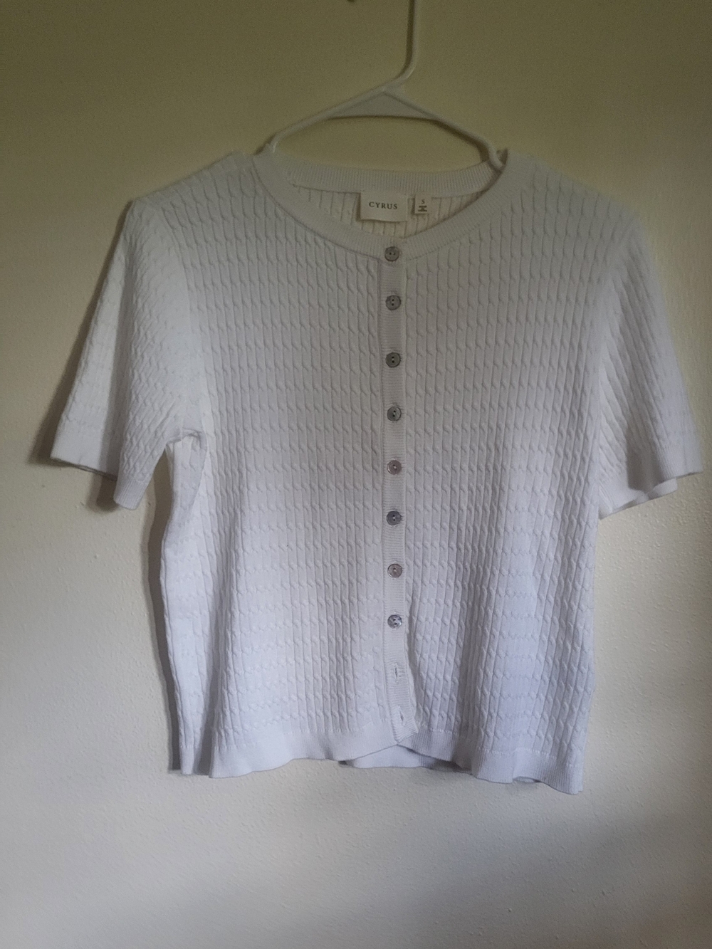 Cyrus White Short-Sleeve Button Front Knit Top